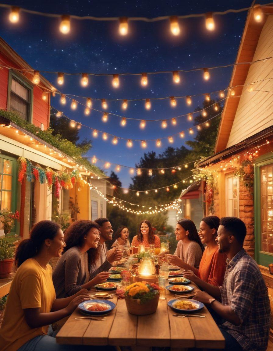 A warm and inviting scene showcasing diverse individuals engaging in a community gathering, sharing smiles, laughter, and homemade dishes under colorful string lights. The backdrop features local landmarks and nature, symbolizing deep connections and friendship. Emphasize the emotions of joy and unity in interactions. vibrant colors. super-realistic.