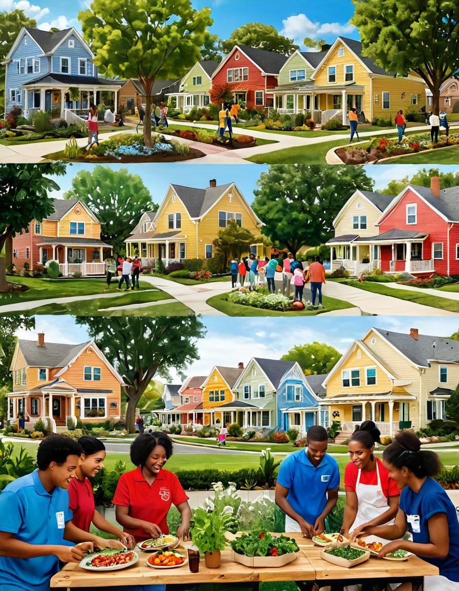 A heart-shaped collage of diverse community members engaging in various activities: volunteering, gardening, sharing meals, and celebrating together. The background features a warm, inviting neighborhood scene with colorful houses and lush greenery. Emphasize connection and joy through smiling faces and shared moments. super-realistic. vibrant colors. warm tones.
