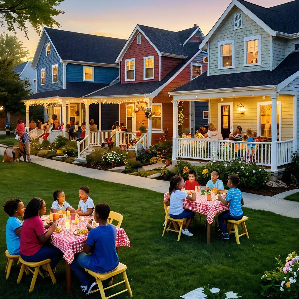 A warm neighborhood scene depicting diverse families coming together for a block party, with children playing games, adults sharing food, and colorful decorations. In the background, cozy houses with welcoming lights and blooming gardens create a sense of community. Soft, golden hour lighting enhances the intimate atmosphere, while smiling faces radiate joy and togetherness. vibrant colors. super-realistic.